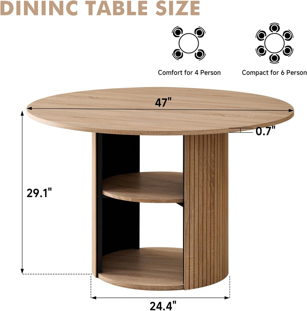 47" Round Dining Table for 4, with Shelf Storage Modern Pedestal Circle Kitchen Table for Dining Living Room Home, Natural
