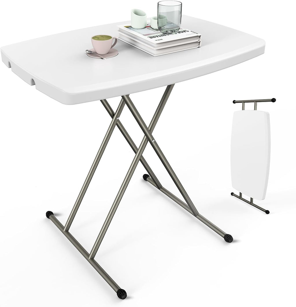 VINGLI Small Adjustable Folding Table, 13.8 in-28 in Height Personal Laptop TV Tray, HDPE Plastic Top with Steel Frame, 30 inch, White