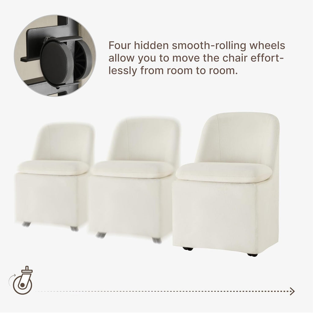 KISLOT Upholstered Dining Chairs Set of 2 with Hidden Casters, Modern Kitchen Chairs with Removable Washable Cover, Padded Dining Room Chairs with Chenille Velvet Fabric & Metal Frame, Beige