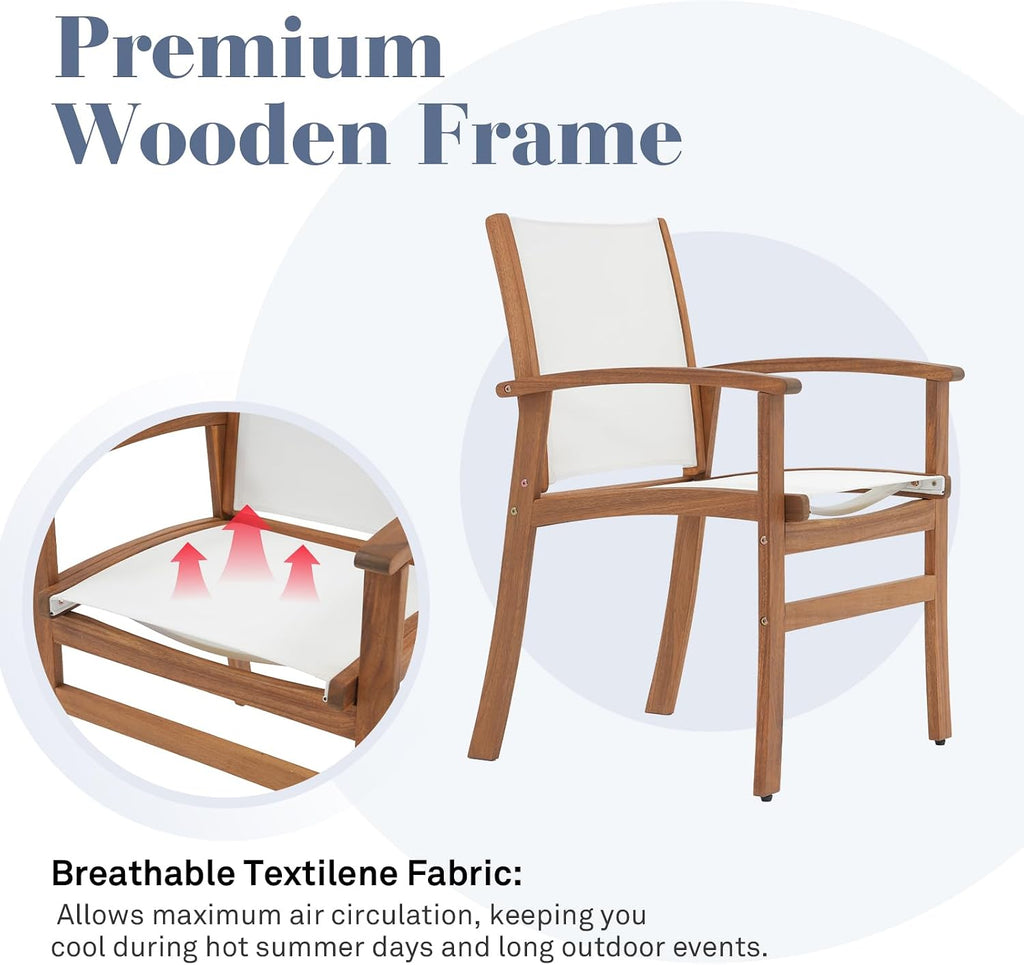 Acacia Wood Patio Dining Chairs Set (White, 8 Pieces) | Outdoor Chair Set with Breathable Textilene Fabric, Metal Support Bars, Curved Armrest, Supports 350lbs For Lawn, Garden