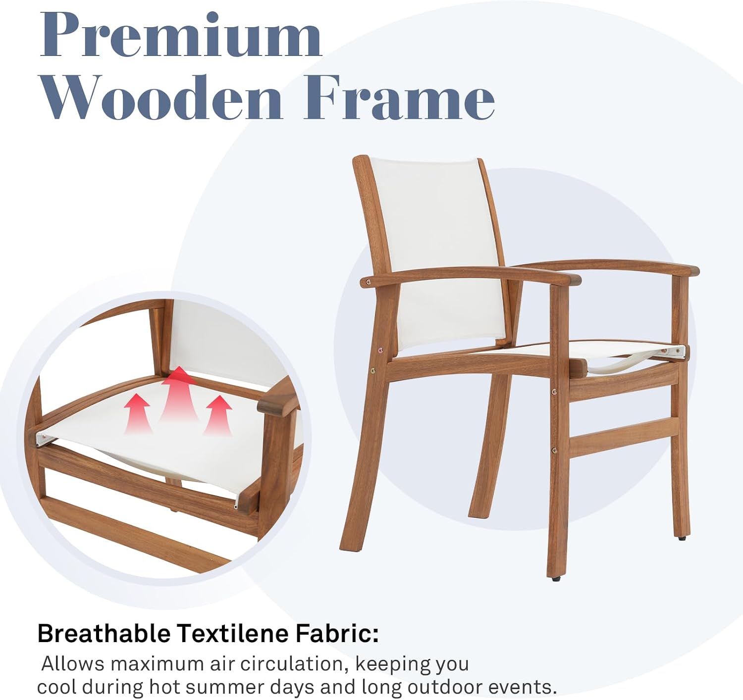 Acacia Wood Patio Dining Chairs Set (White, 8 Pieces) | Outdoor Chair Set with Breathable Textilene Fabric, Metal Support Bars, Curved Armrest, Supports 350lbs For Lawn, Garden