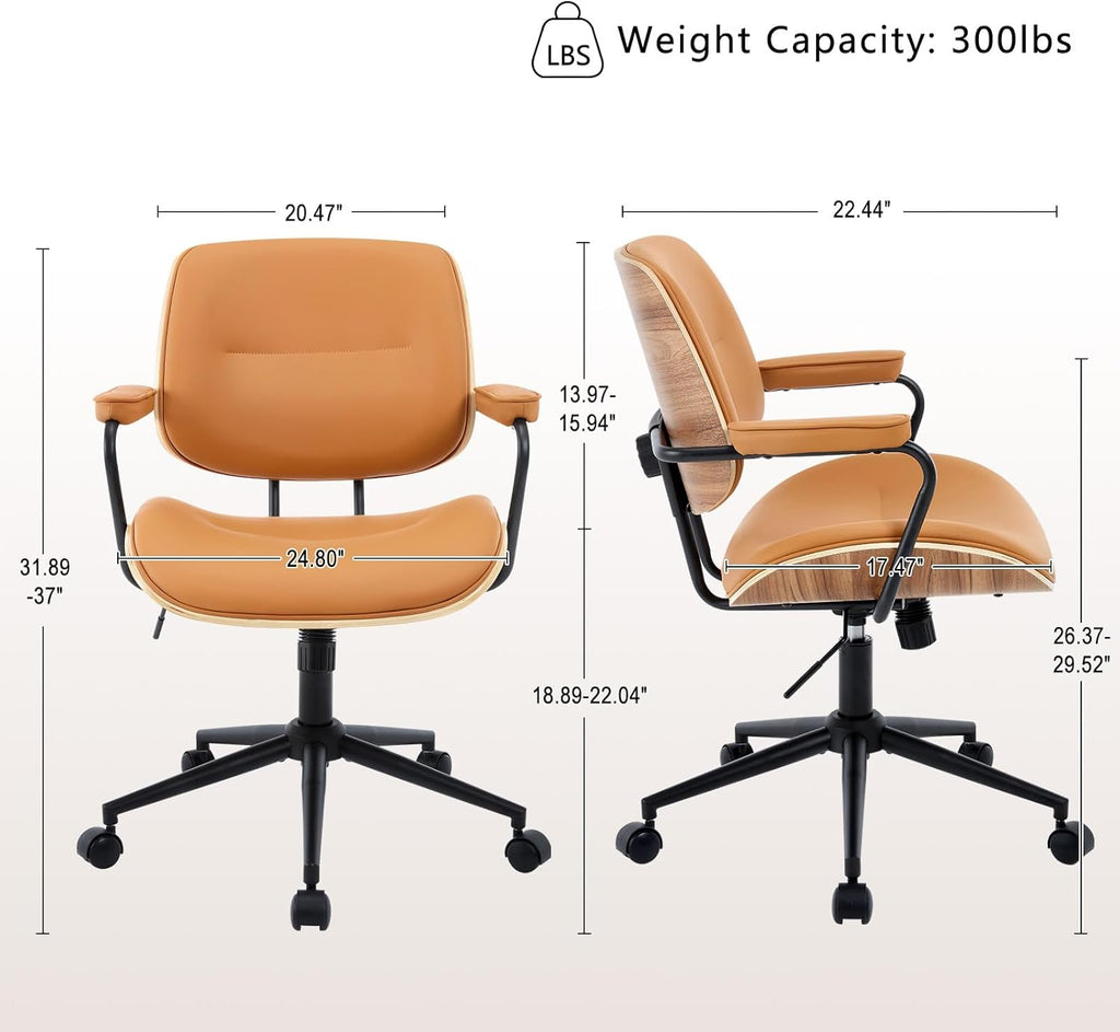 Mid Century Modern Office Chair with Adjustable Backrest, Wooden Desk Chair with Armrests, Swivel Height Adjustable Home Office Chair, Comfortable Task Chair for Home Office, Brown