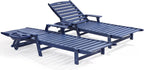78" HDPE Chaise Lounge Chairs Set of 2, 6-Position Adjustable Poolside Recliner with Foldable Side Tray, Built-in Wheels, All Weather Waterproof Outdoor Patio Lounge Chair for Pool Deck Backyard, Navy