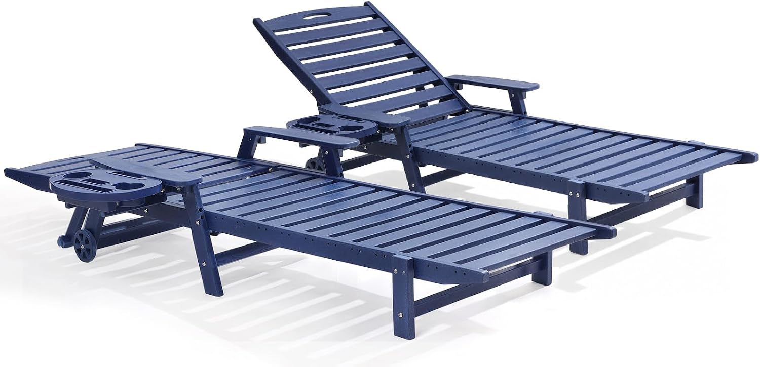 78" HDPE Chaise Lounge Chairs Set of 2, 6-Position Adjustable Poolside Recliner with Foldable Side Tray, Built-in Wheels, All Weather Waterproof Outdoor Patio Lounge Chair for Pool Deck Backyard, Navy