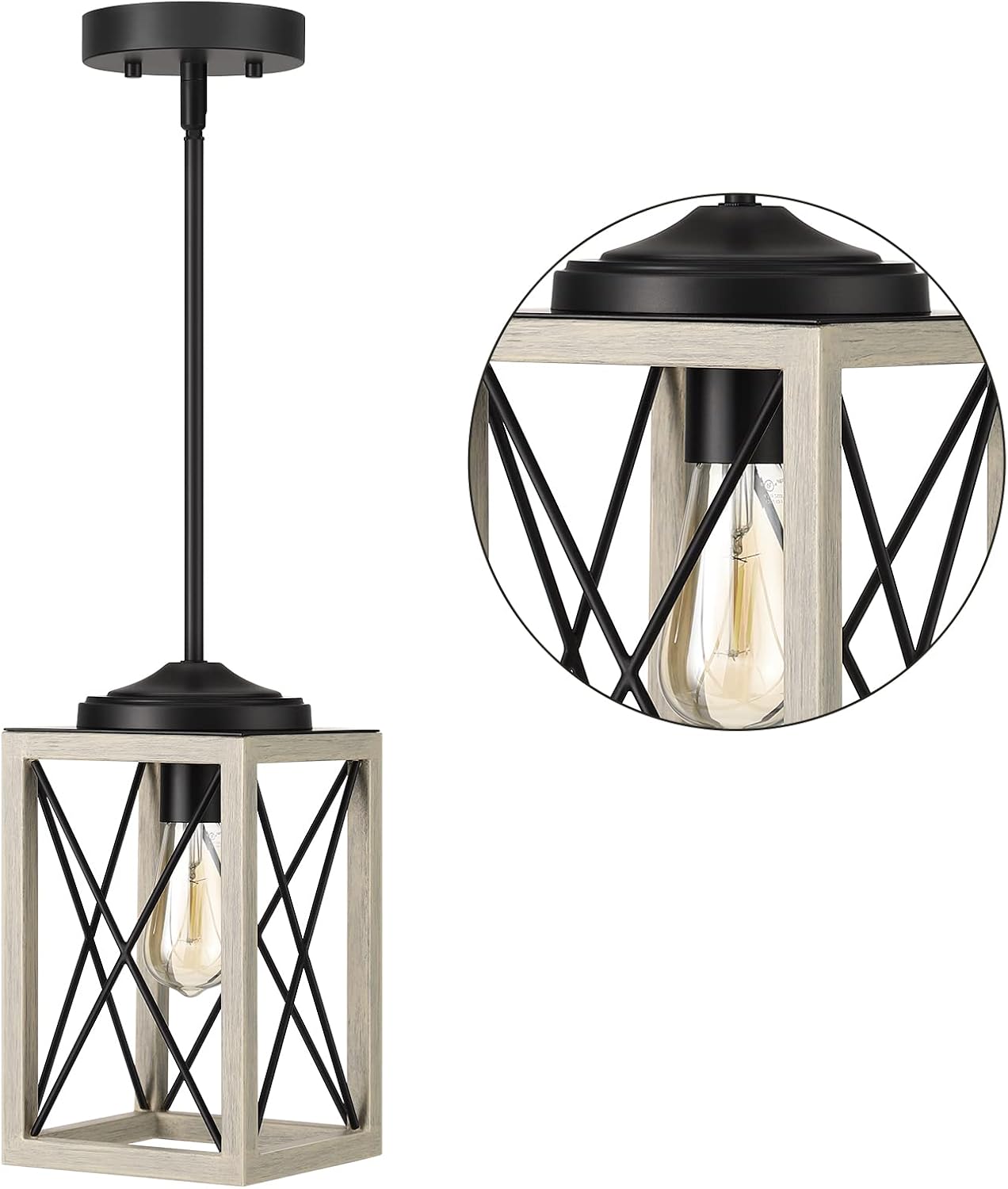 DEWENWILS Farmhouse Pendant Light, Metal Hanging Light Fixture with Wooden Grain Finish, 48" Adjustable Pipes for Flat and Slop Ceiling, Kitchen,Island, Living Room, Bedroom, E26 Base