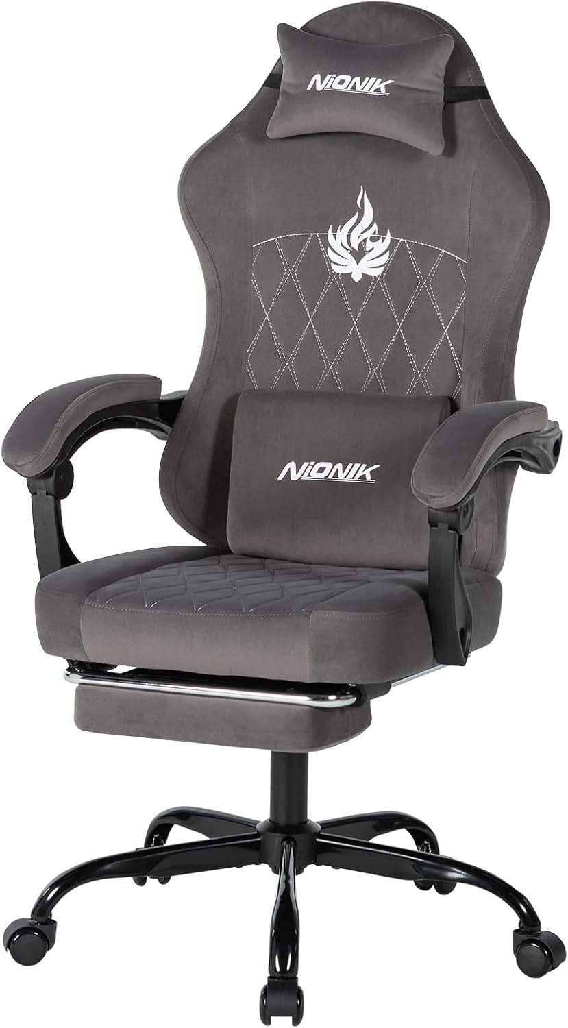 Ergonomic Gaming Chair Video Gamer Chairs Gaming Computer Chairs Gamer Chairs for Adults Massage Lumbar Support Swivel Height Adjustable Headrest Backrest Grey