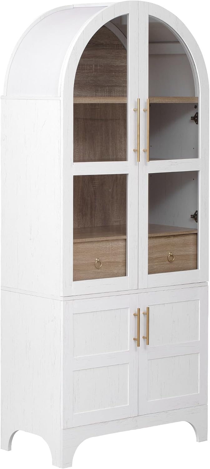 Arched Pantry Cabinet with Adjustable Shelves, Kitchen Storage Cabinet with Arched Door & Hidden Drawer, Tall Narrow Farmhouse Pantry for Small Spaces (White)