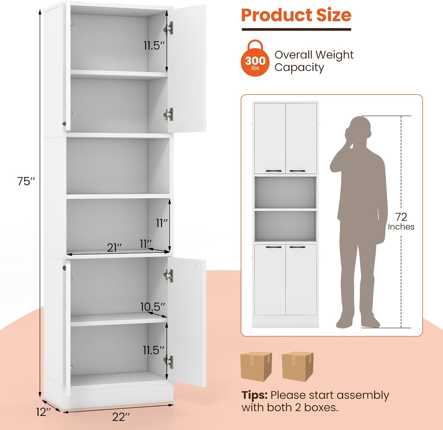 Giantex Kitchen Pantry Cabinet, 75” Tall Freestanding Cupboard with Doors & Shelves, Safety Hinges & Anti-Tipping Devices, Storage Sideboard for Dining Room, Living Room (White)