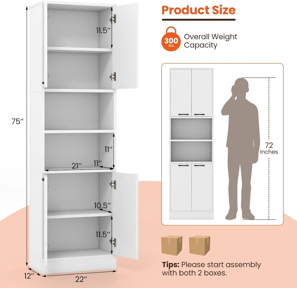 Kitchen Pantry Cabinet, Dining Room Cupboard with 4 Doors & 2 Open Countertop, 4 Anti-Tipping Devices, 75” Tall Bathroom Storage Cabinets (White)