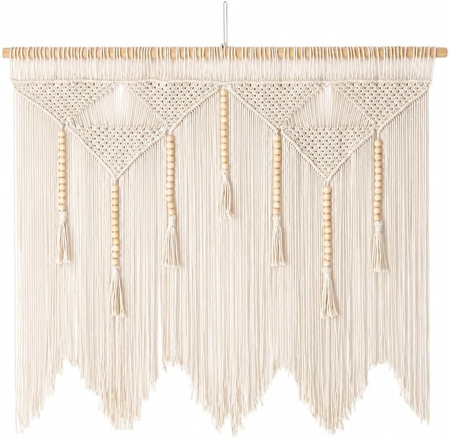 Large Macrame Wall Hanging (43" x 39.5"), Boho Woven Tapestry with Wood Beads & Tassels, Handmade Cotton Wall Art Decor for Bedroom, Living Room, Apartment, Bohemian Home Decor, 1 PCS (White)