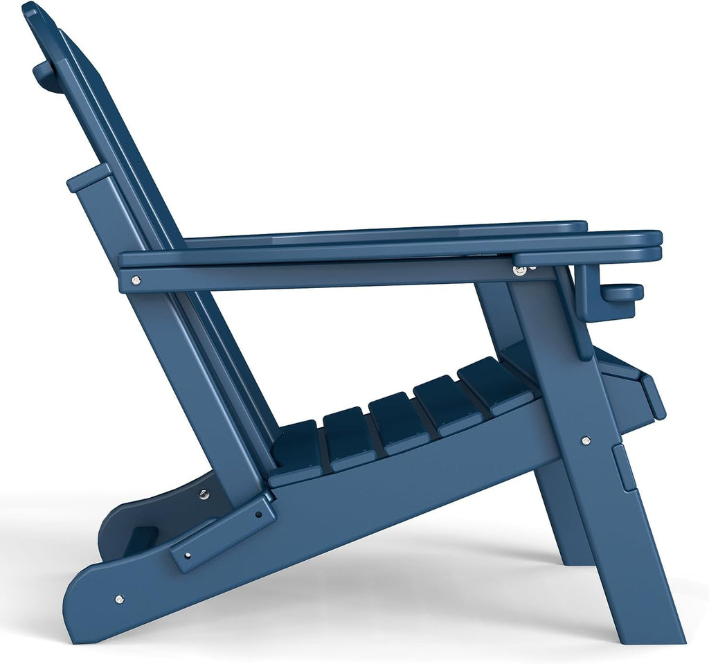 Folding Adirondack Chairs Set of 2，HDPE，Fire Pit Chair with Cup Holder,Blue