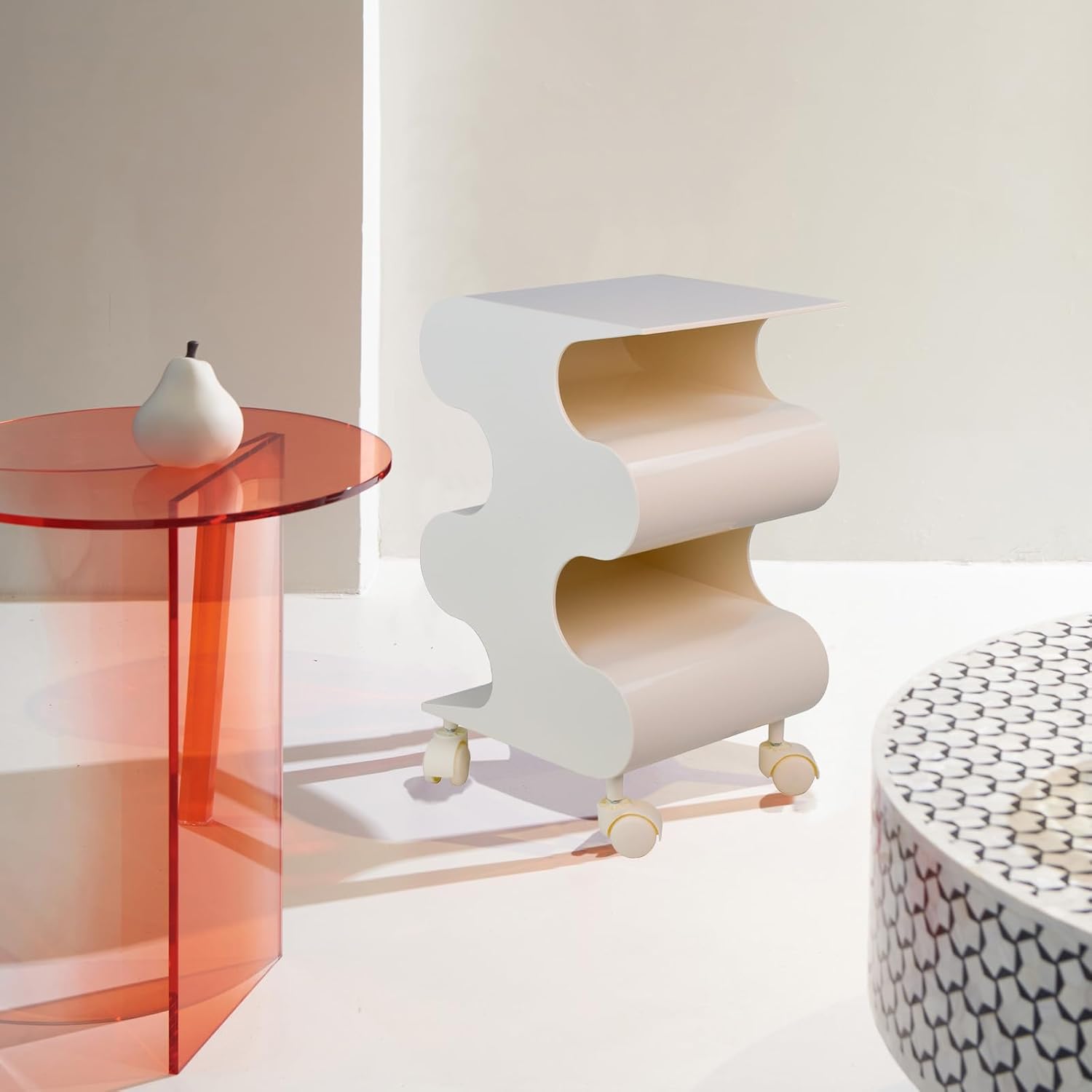ABS Movable Side Table with Wheels & Rotation, Modern Multi-Layer Nightstand with Storage, Minimalist Sofa End Table for Bedroom, Living Room, Kitchen (White)