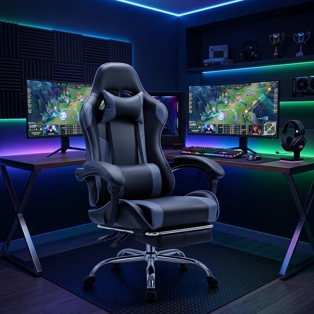 Racing E-Sports Gaming Chair - Ergonomic Grey PU Leather Computer Desk Chair with Footrest, High Back Recliner with Lumbar & Headrest Support, 360° Swivel for Home Office