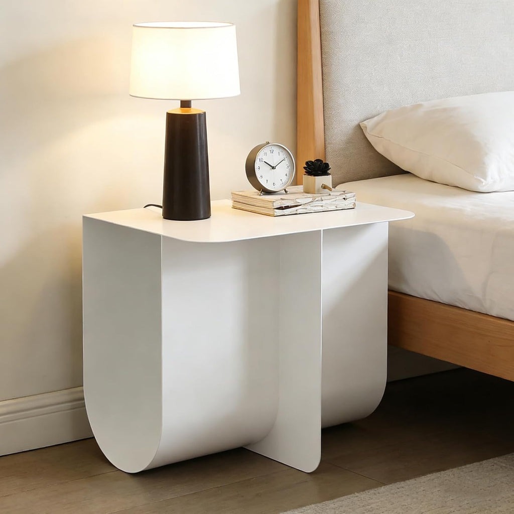 Modern Minimalist Metal Side Table with Storage, Curved Design Accent Table Coffee Table – Multipurpose End Table for Living Room, Bedroom, Office, Small Spaces
