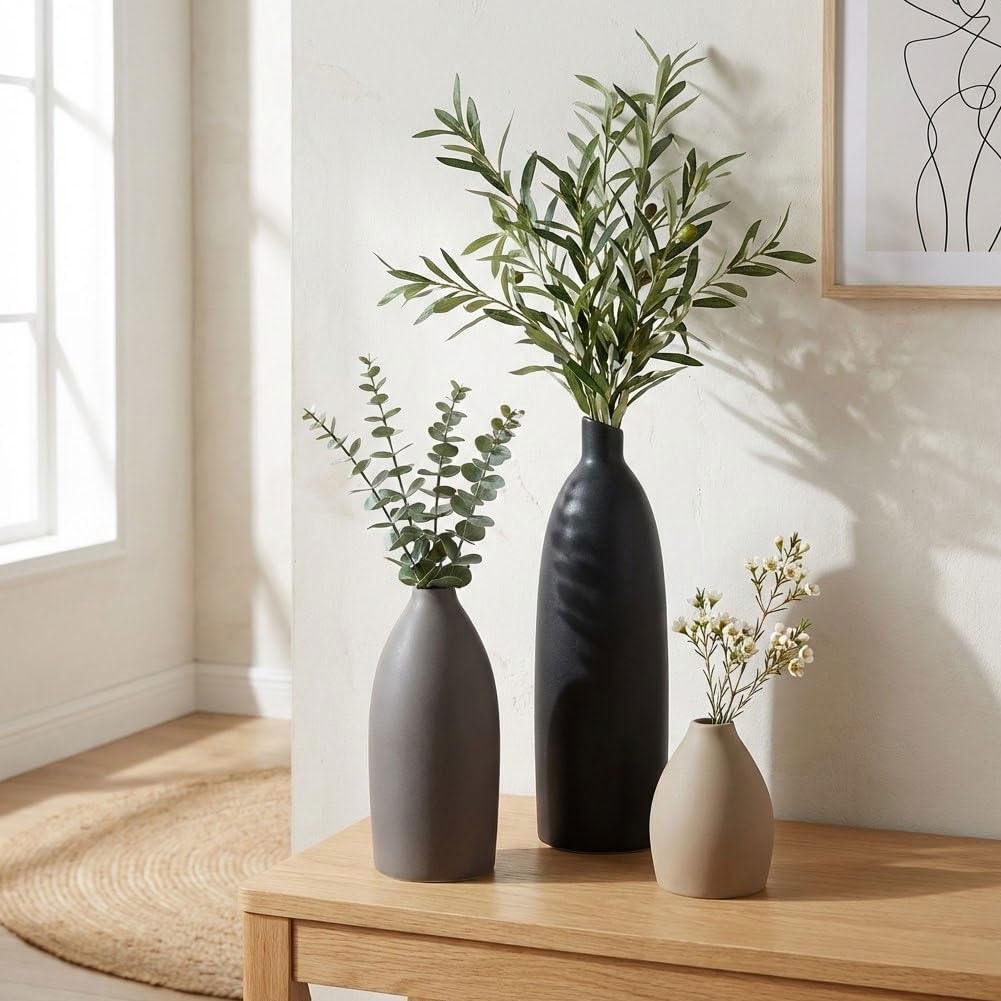 Ceramic Vase Set of 3, Neutral Wabi Sabi Japandi Decor, Modern Minimalist Decorative Vases for Shelf, Coffee Table, Living Room, Bathroom, Kitchen, Bookshelf, Mantel, Entryway Table