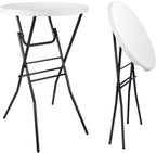 pollilar Cocktail Table 28in Portable Folding Bar Height Table, Compact Round High Top Plastic & Steel Bistro with Removable Legs, for Indoor Outdoor RV Patio Catering Parties Commercial Events-White
