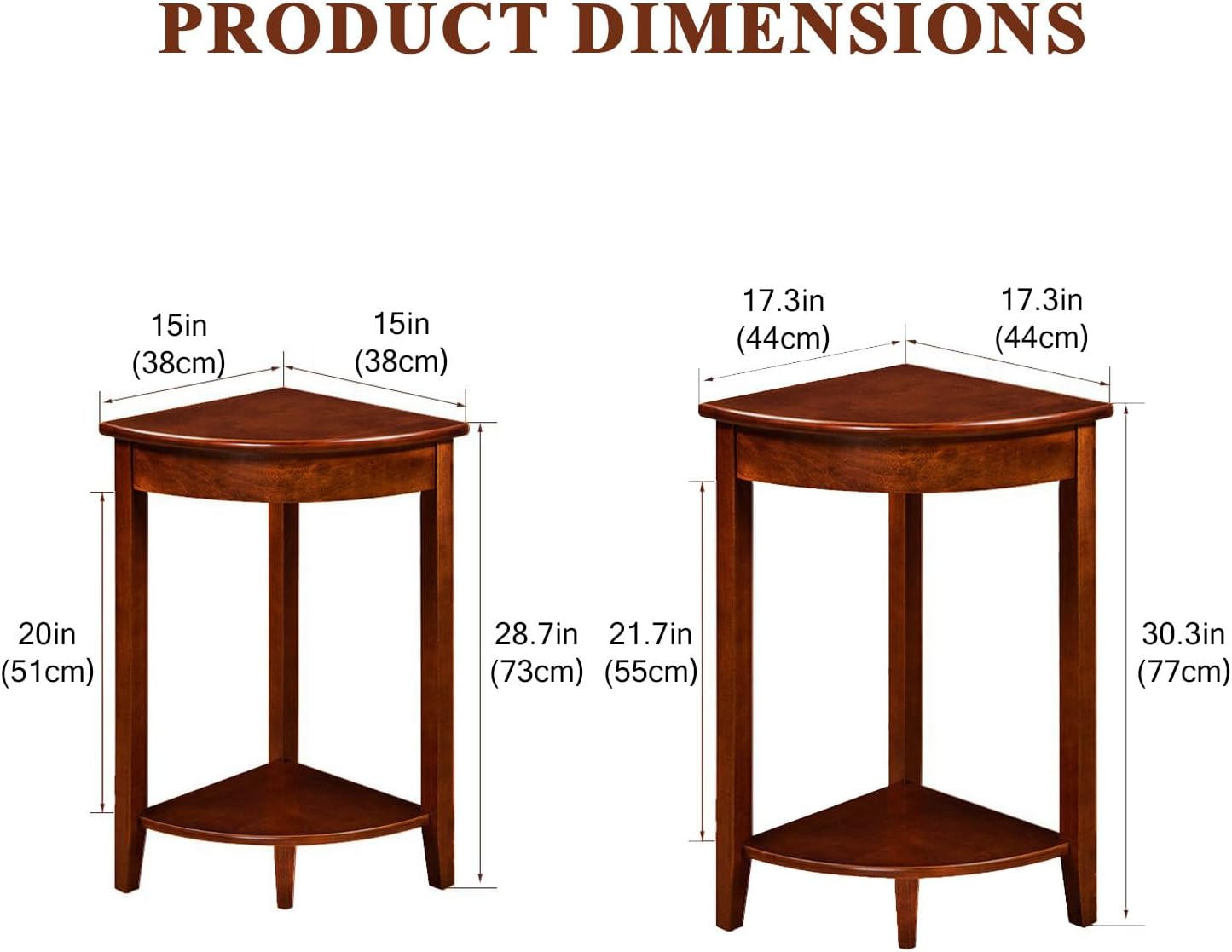 Home Furnishing Corner Table, Solid Wood Triangle Corner End Table, Compact Sofa Side Tables for Small Space Little Corner (Brown,15 * 15 * 28.7in)