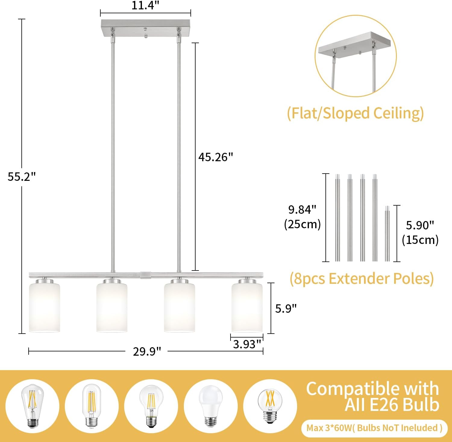 Modern Island Lights for Kitchen, Brushed Nickel Dining Room Light Fixtures, 4-Light Linear Chandeliers Over Table White Frosted Glass Kitchen Hanging Lights Pendant Lighting Over Island