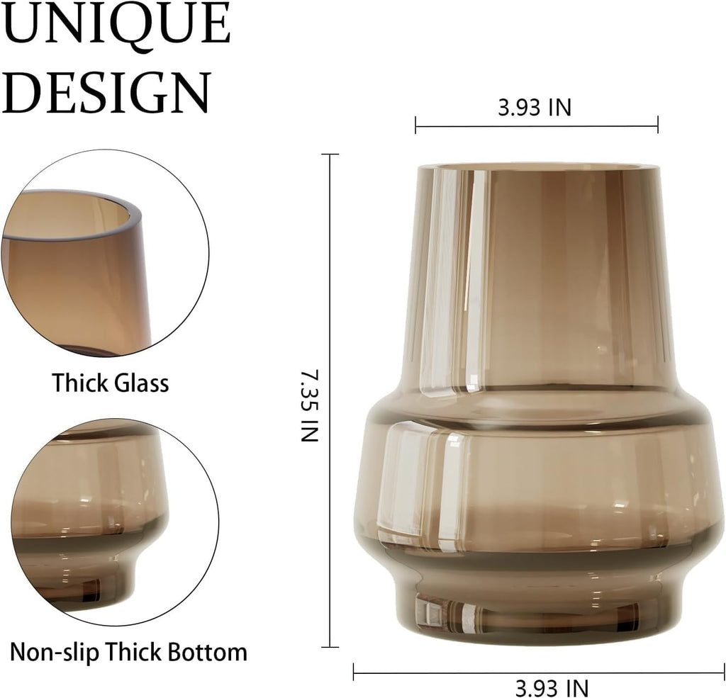 Relexome Amber Glass Vase Bud Flower Vase with Modern Design, Brown Wide Mouth Decorative Vase Gift for Home Decor, Living Room, Dining Table, Entryway, Shelf, Wedding, Office, 7.3 Inch (Amber)