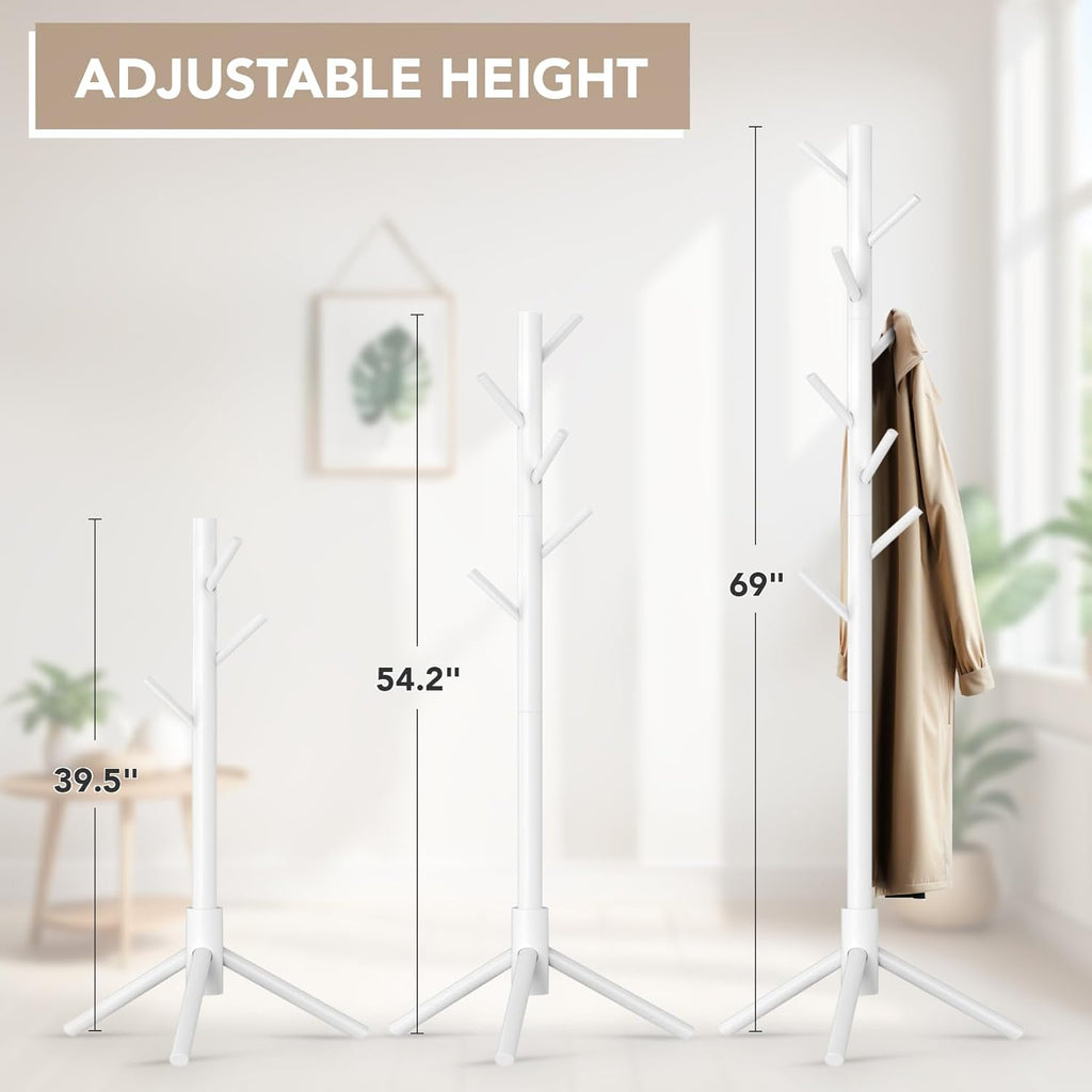 Hupmad Wooden Tree Coat Rack Stand,Sturdy Freestanding Coat Rack with 8 Hooks,3 Adjustable Height for Child Adult,Wood Coat Stand Tree Fits Entryway Bedroom Office for Bags,Hats, 2 Pack
