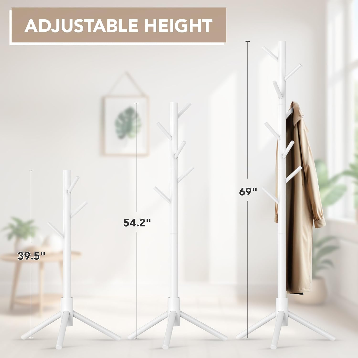 Hupmad Wooden Tree Coat Rack Stand,Sturdy Freestanding Coat Rack with 8 Hooks,3 Adjustable Height for Child Adult,Wood Coat Stand Tree Fits Entryway Bedroom Office for Bags,Hats, 2 Pack