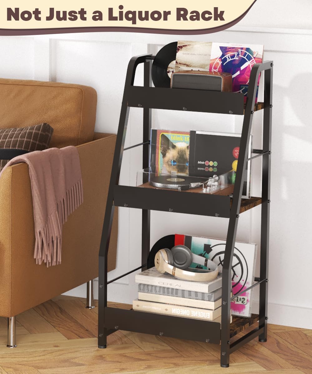 3-Tier Liquor Stand for Home Bar, Trapezoid Freestanding Whisky Bottle Holder with Fences, Stepped Versatile Liquor Bottle Display Shelf, Corner Floor Bar Stand for Liquor Storage, Black