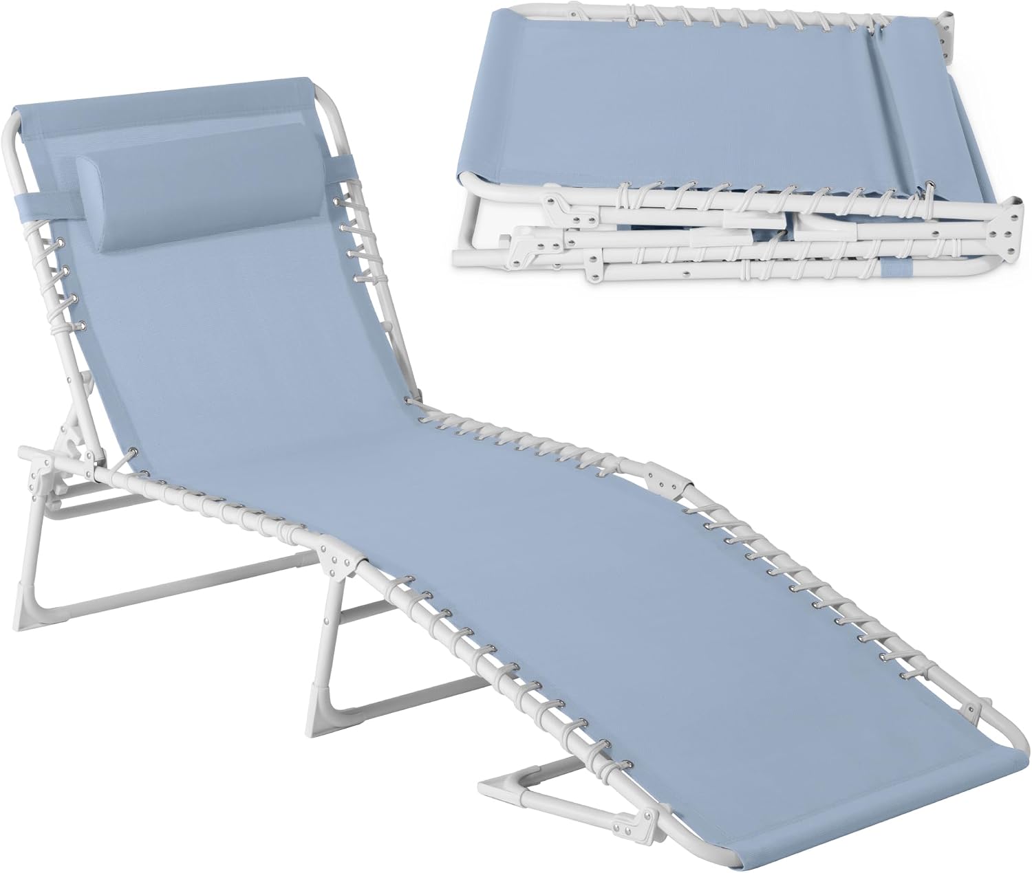 Best Choice Products Patio Chaise Lounge Chair, Portable Outdoor Folding Recliner for Lawn, w/ 8 Positions, Handles, 300lb Capacity - French Blue/White