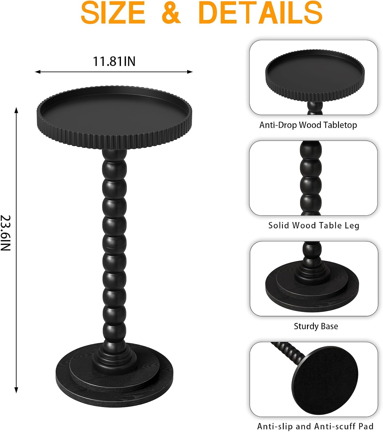 Drink Table，Slot Edge Round Small Side Table for Small Spaces, Round End Tables with Decorative Tray, Pedestal Martini Tables for Living Room, Bedroom, Sofa Couch, Corners (Black)