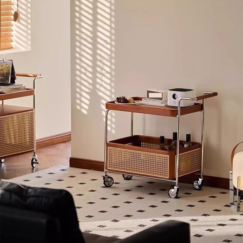 Sofa Side Table Side Table Second-Hand Trolley Wood Rattan Living Room Mobile Storage Rack Double Layer with Wheels Dining Sideboard Home End Table for Couch