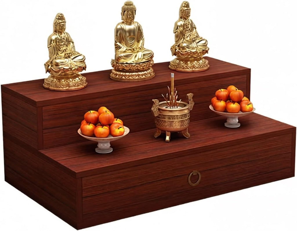 Solid Wood Wall Mounted Altar Table with Pull-Out Drawer for Incense & Meditation Personal Shrine Stand Prayer Altar Cabinet with Storage for Home(Teak color,50*40*30cm/19.7*15.7*11.8in)