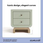 Storkcraft Santorini 2 Drawer Nightstand, Sage & Driftwood | GREENGUARD Gold Certified Nightstand for Kids Bedroom, Premium Wood with Curved Base, “Champagne” Metal Knobs