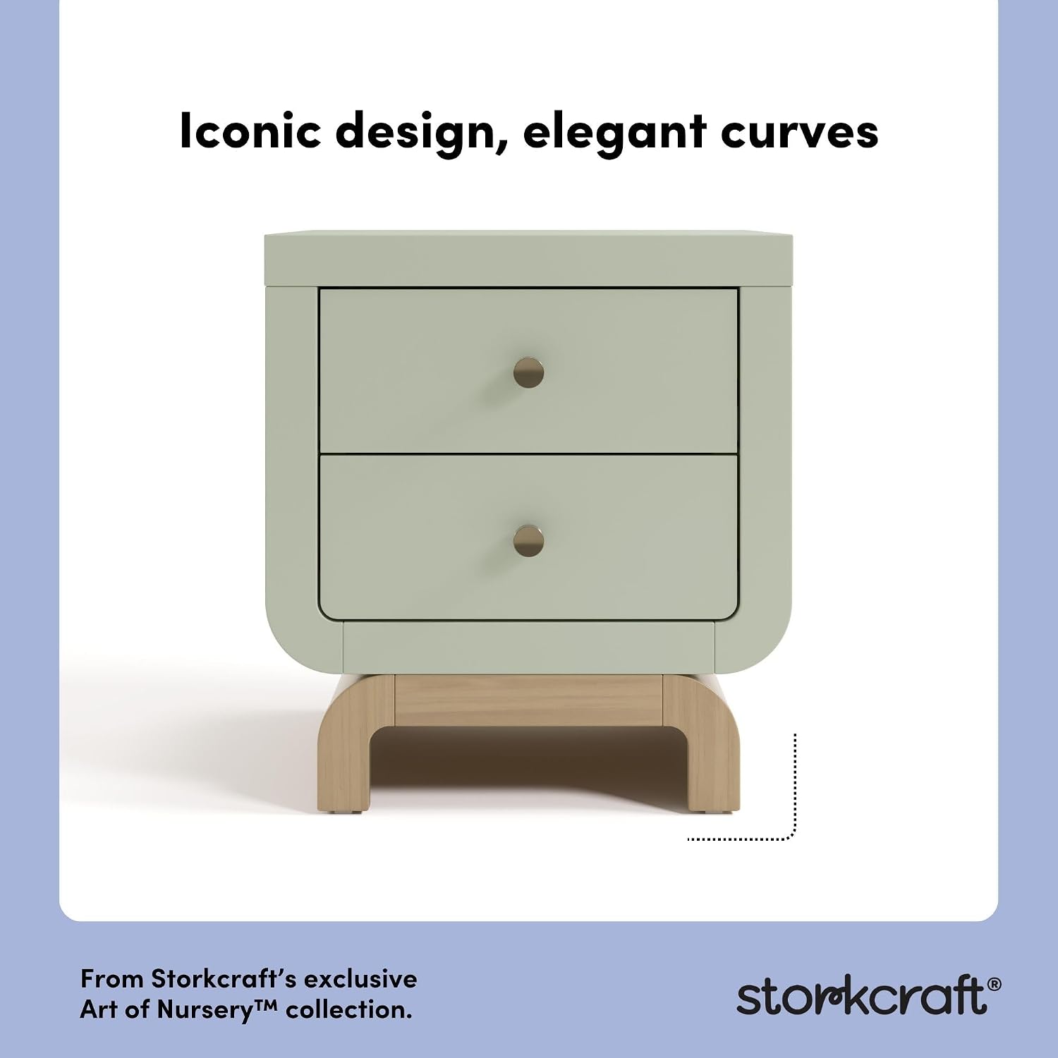 Storkcraft Santorini 2 Drawer Nightstand, Sage & Driftwood | GREENGUARD Gold Certified Nightstand for Kids Bedroom, Premium Wood with Curved Base, “Champagne” Metal Knobs
