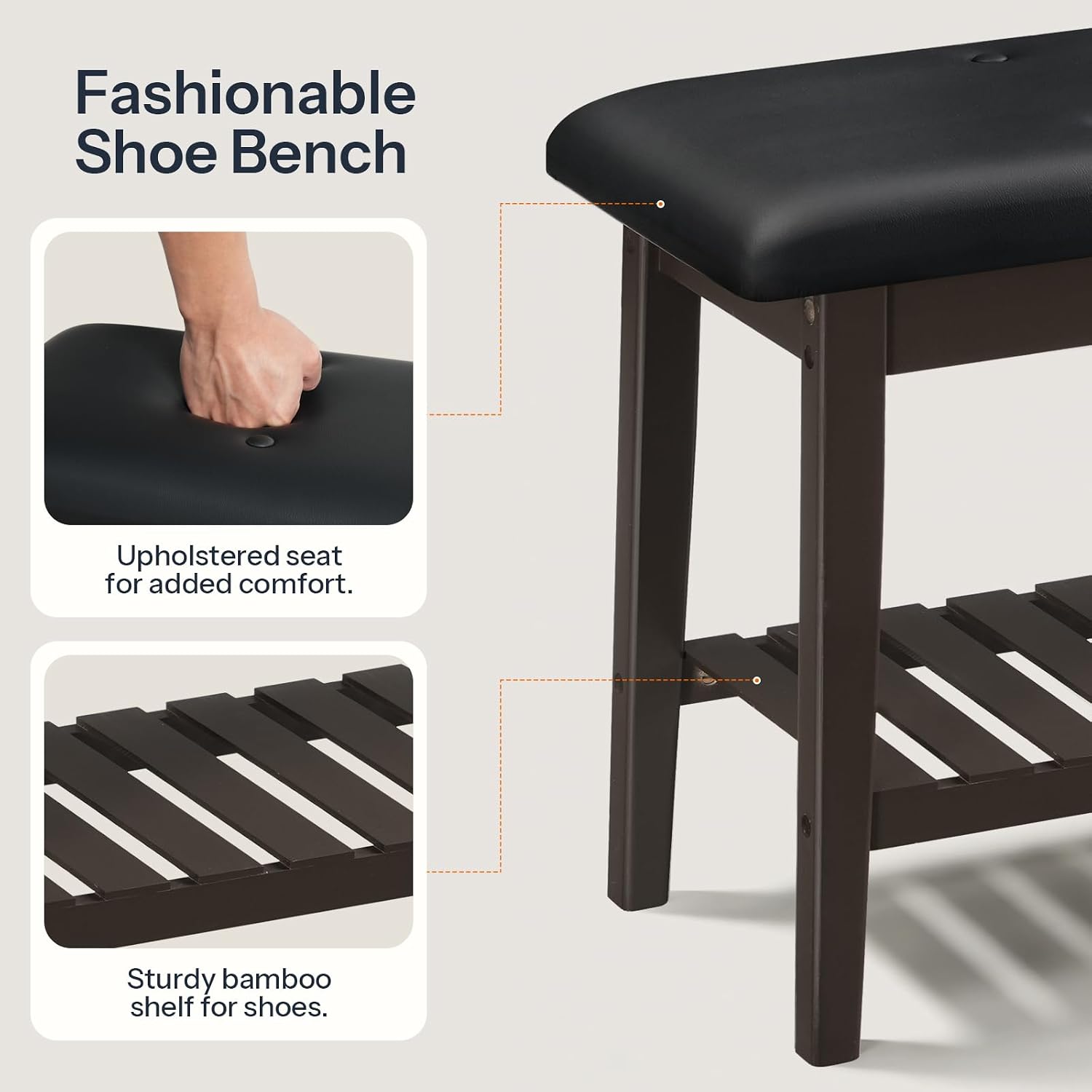 HOOBRO Dining Bench, Bamboo Dining Room Bench, 2-Tier Entryway Bench with PU Leather Upholstered Seat, Kitchen Bench for Living Room, Hallway, Entryway, Bedroom, Kitchen, Brown and Black CB70HX01