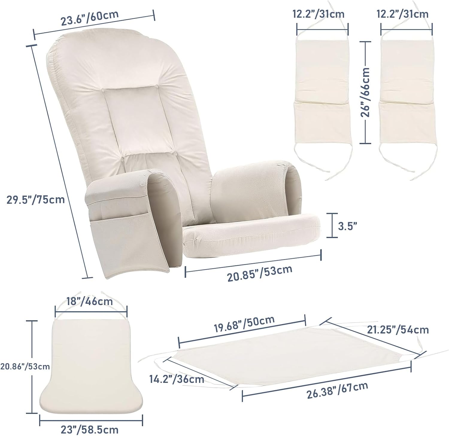 5 PCS Glider Rocker Cushions Set with Ottoman Cover & Storage Pocket - Thickened, Non-Slip & Washable Replacement Cushions for Glider Rockers, Comfortable Supportive Seating
