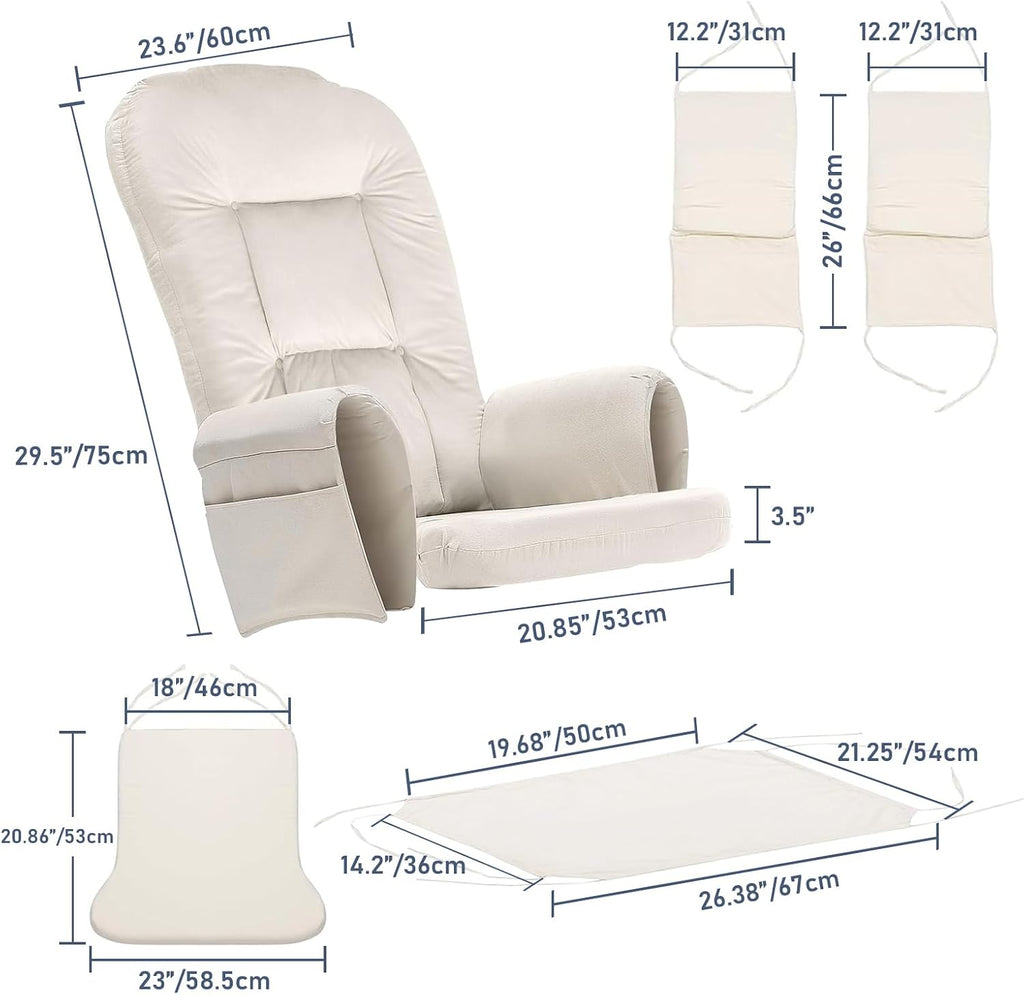Extra Thick 5Pcs Glider Rocker Replacement Cushions Set - Soft Velvet Cushions with Ottoman Storage Pockets for Indoor Nursery Rocking Chairs