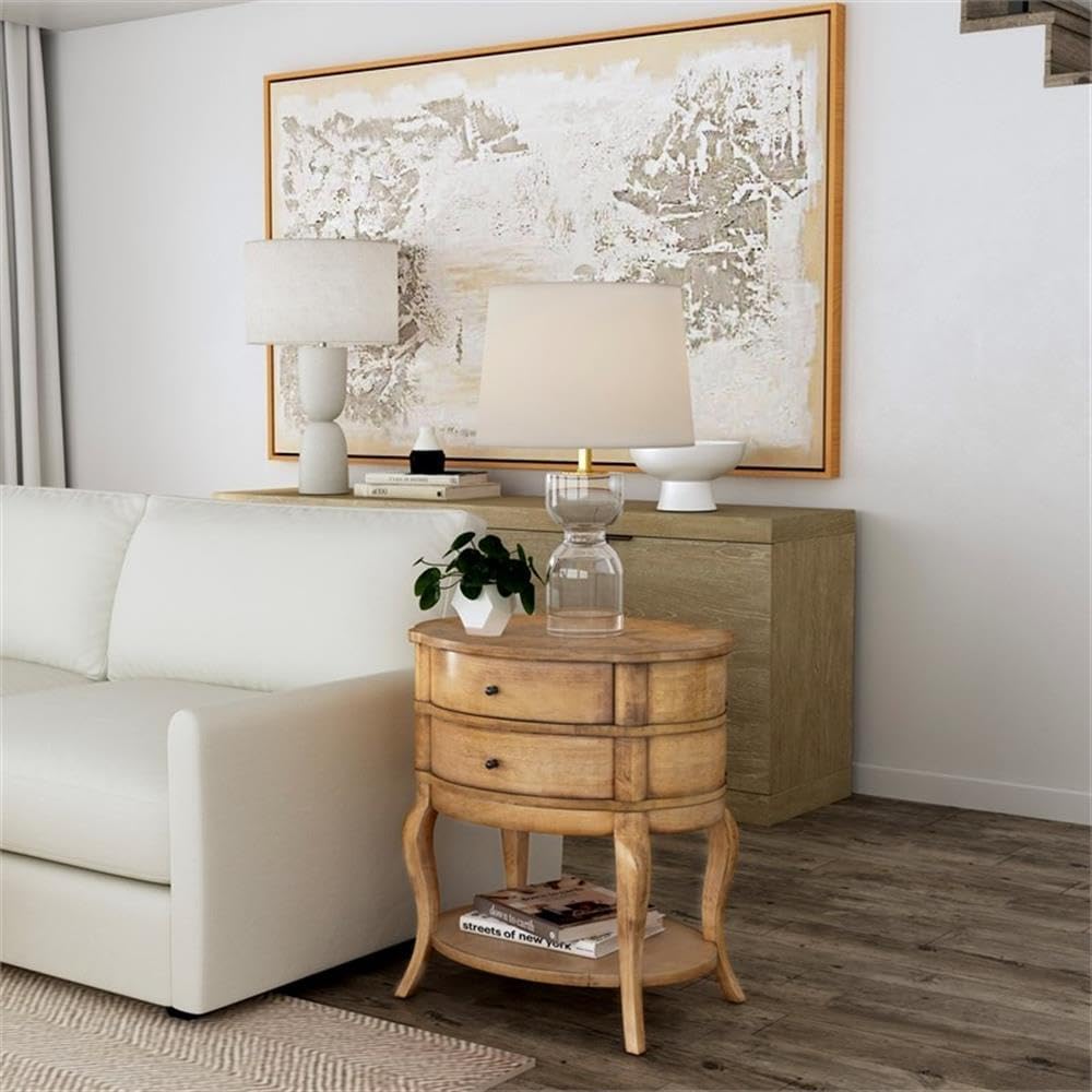 Beaumont Lane Oval 2-Drawer Side Table, Antique Beige Finish, Poplar Hardwood and Cherry Veneer, 24" W x 18" D x 26" H, Transitional Style Bedside or Chairside Table with Lower Shelf for Storage