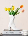 7.9" Ceramic High Heel Boot Vase for Modern Home Decor-White | CERAMIC BOOT VASE: High heel design in white,Trendy accent for coffee tables centerpiece; quirky gift for women.