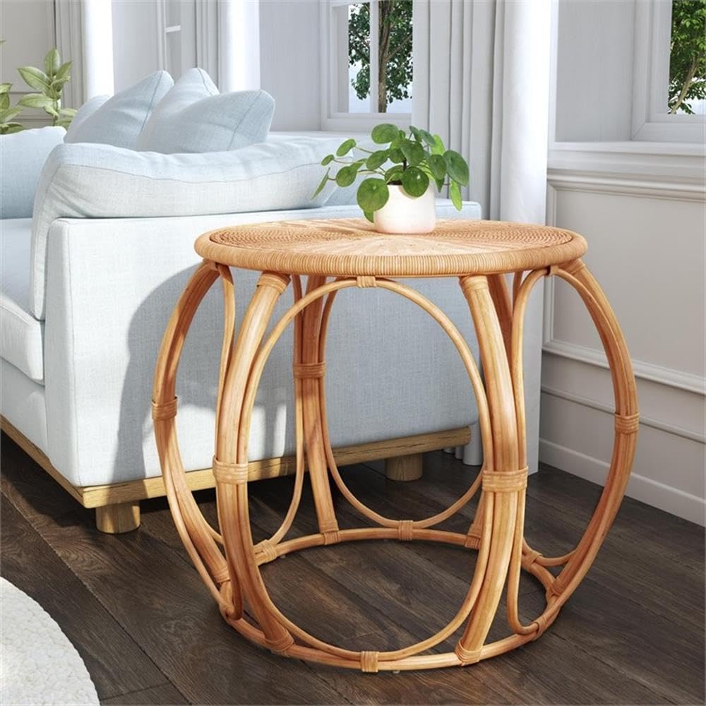 Beaumont Lane Round Woven Rattan End Table, Natural Finish, 28" W x 28" D x 24" H, Durable Rattan Construction, Open Weave Design, Eco-Friendly Living Room, Family Room or Sunroom Side Table