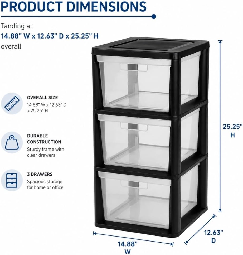 3-Drawer Plastic Storage Organizer Tower, Black Frame with Clear Removable Bins, Tool-Free Assembly, 25.25" H - Stationary Multi-Purpose Drawer Storage