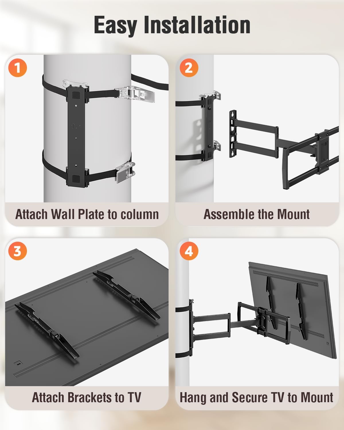ELIVED Pillar TV Mount for Most 32"-75" TVs, Column TV Mount for Gazebo Patio Pergola, No Drill Full Motion tv Bracket Swivel and Tilt, Fits Multi-Shaped Poles, Max VESA 600x400mm, 88 Lbs.