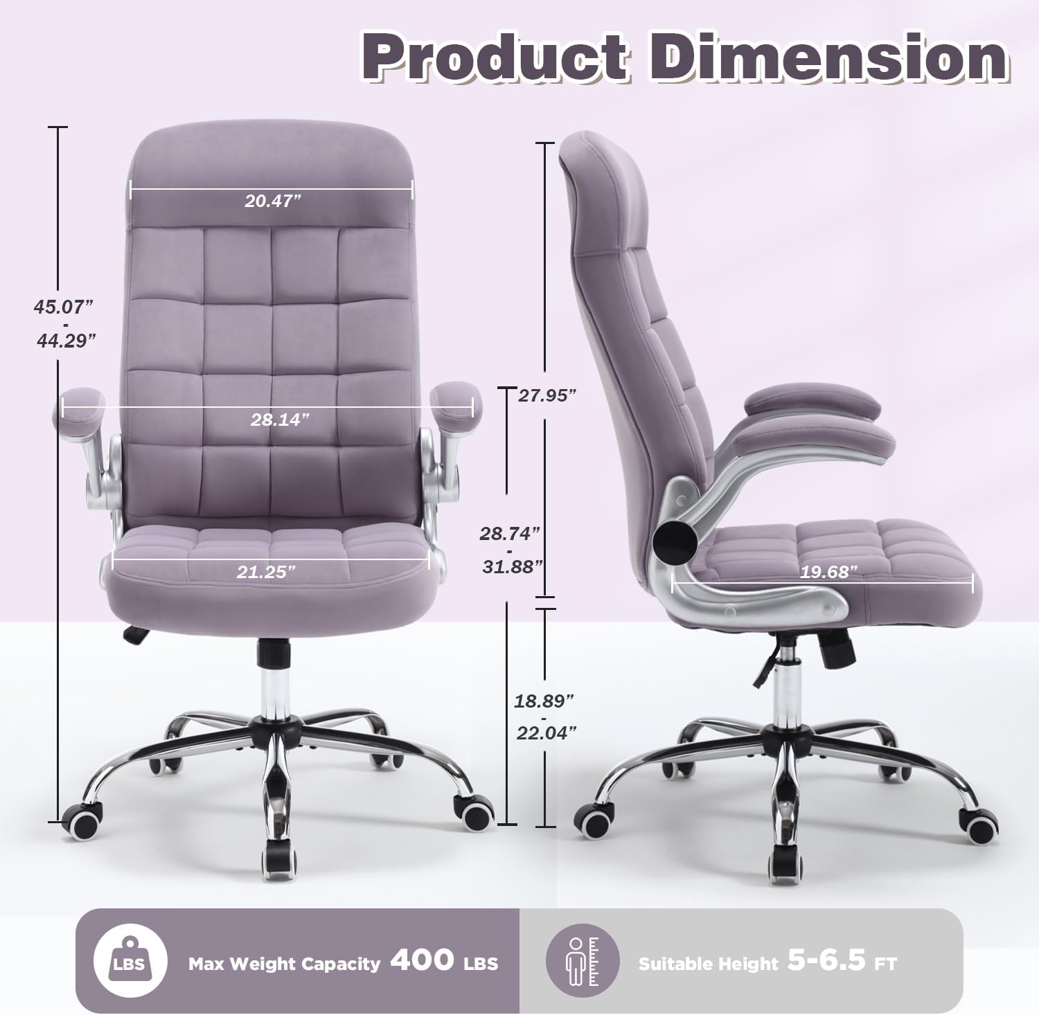High Back Velvet Office Chair Purple, Comfy Home Executive Desk Chairs with Flip-Up Arms, Fabric Ergonomic Chairs with Lumbar Support, Stylish Computer Swivel Chair with Wheels for Women