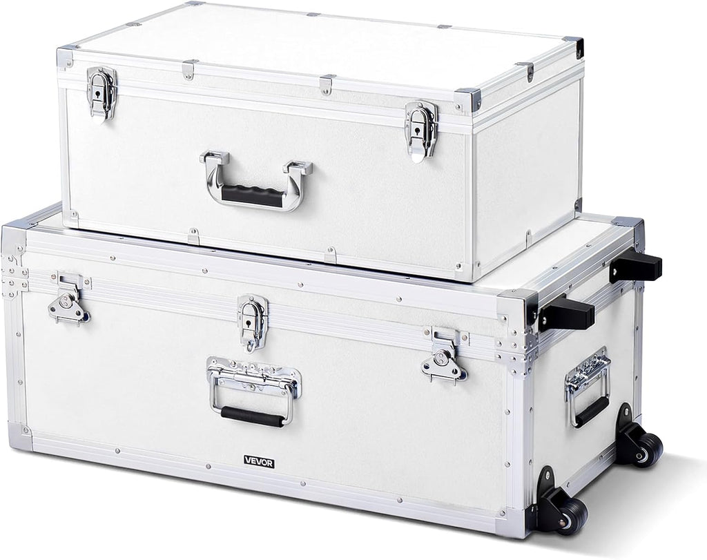 VEVOR Storage Trunk, Set of 2, Wooden Suitcase Storage Boxes with Padlocks, Large Trunk Includes Casters and 3 Metal Handles, Decorative Store Chest with Lids for Travel, Apartment, Dorm, White