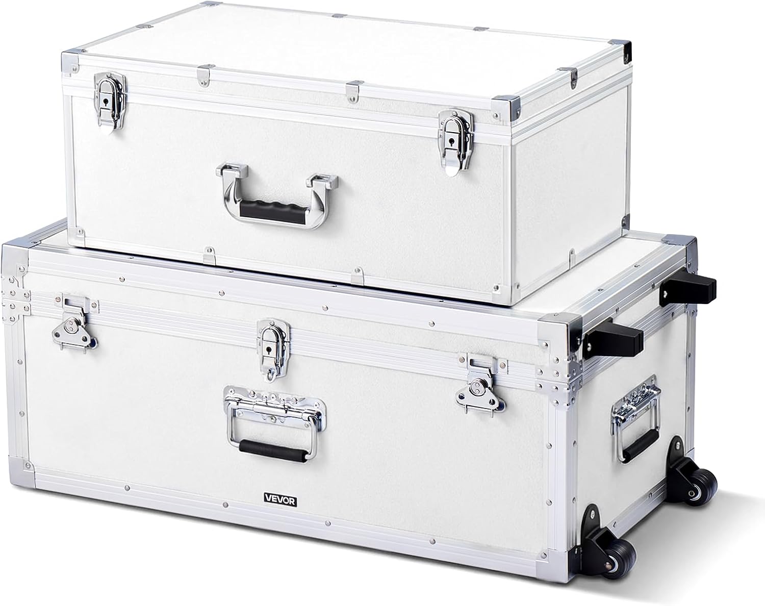 VEVOR Storage Trunk, Set of 2, Wooden Suitcase Storage Boxes with Padlocks, Large Trunk Includes Casters and 3 Metal Handles, Decorative Store Chest with Lids for Travel, Apartment, Dorm, White