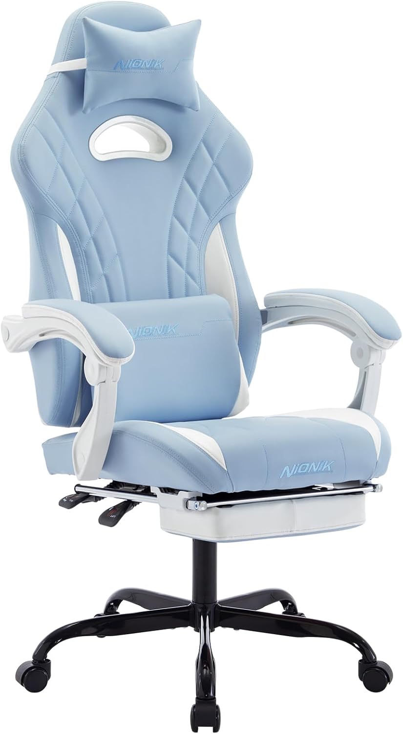 Gaming Chair with Footrest and Massage Lumbar Support, Ergonomic Computer Gamer Chair, Office Video Game Chairs (Cyan White)