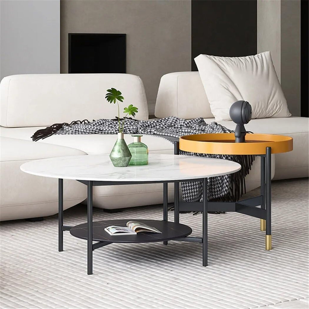 31.5Wx20.1Dx18.7H inch Round Marble Coffee Table, 2 Tier, Sofa Side End Table, Nightstand, Open Storage, Living Room Decor, Center Table, 32"