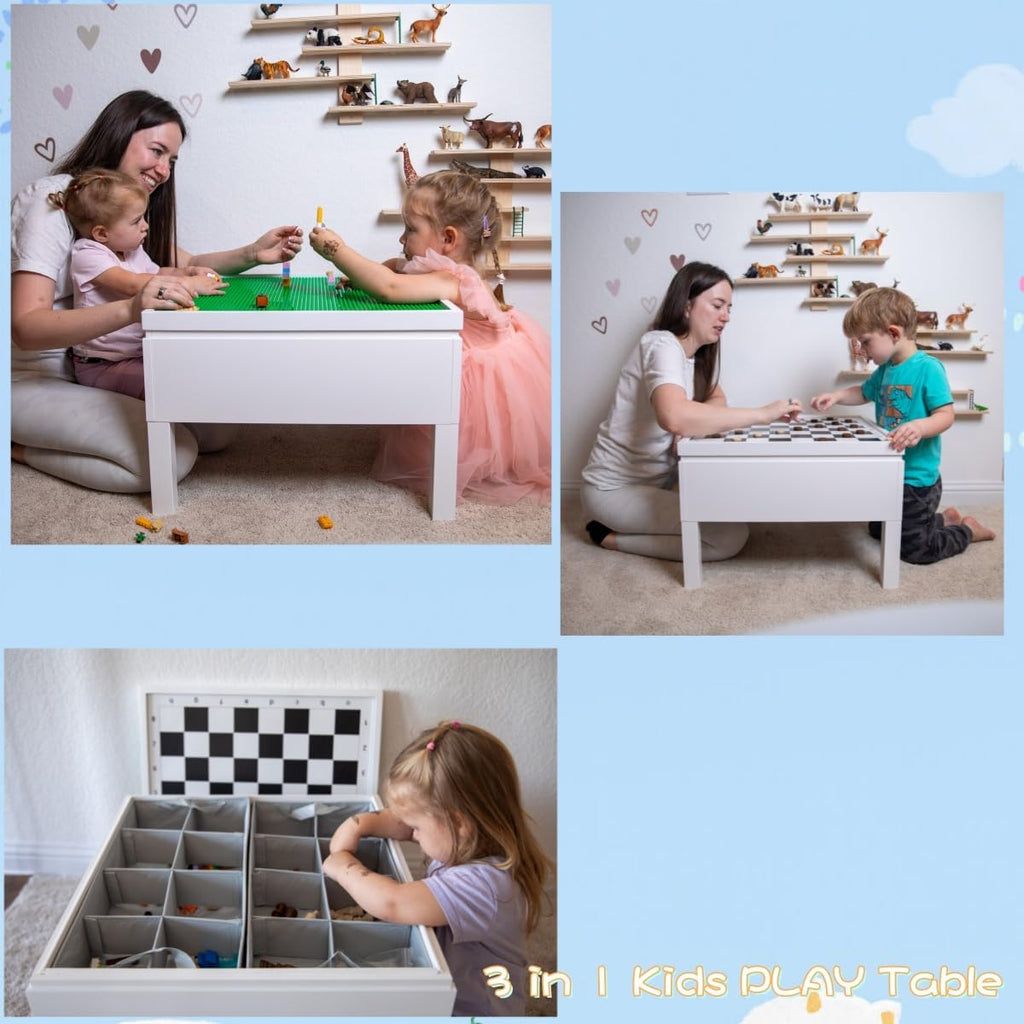 UTEX 3 in 1 Kids Activity Table with Storage, Kids Construction Play Table Compatible with Lego and Duplo Bricks, Chess Table for Building Block, Drawing, Crafts