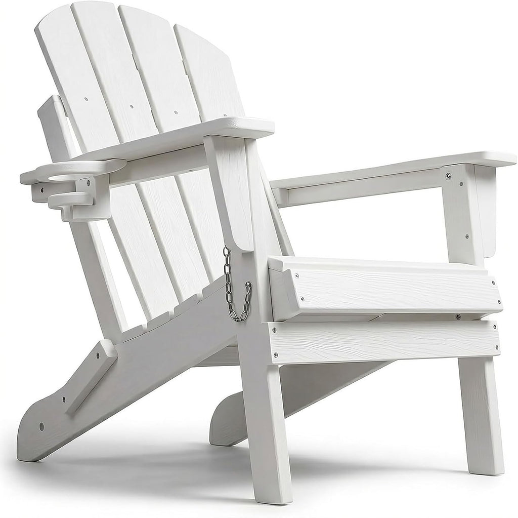 HDPE Adirondack Chair, Folding Outdoor Patio Chair with Cup Holder, Weather Resistant Wood Grain Lawn Chair for Backyard, Garden, Fire Pit, Deck, White