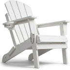 HDPE Adirondack Chair, Folding Outdoor Patio Chair with Cup Holder, Weather Resistant Wood Grain Lawn Chair for Backyard, Garden, Fire Pit, Deck, White