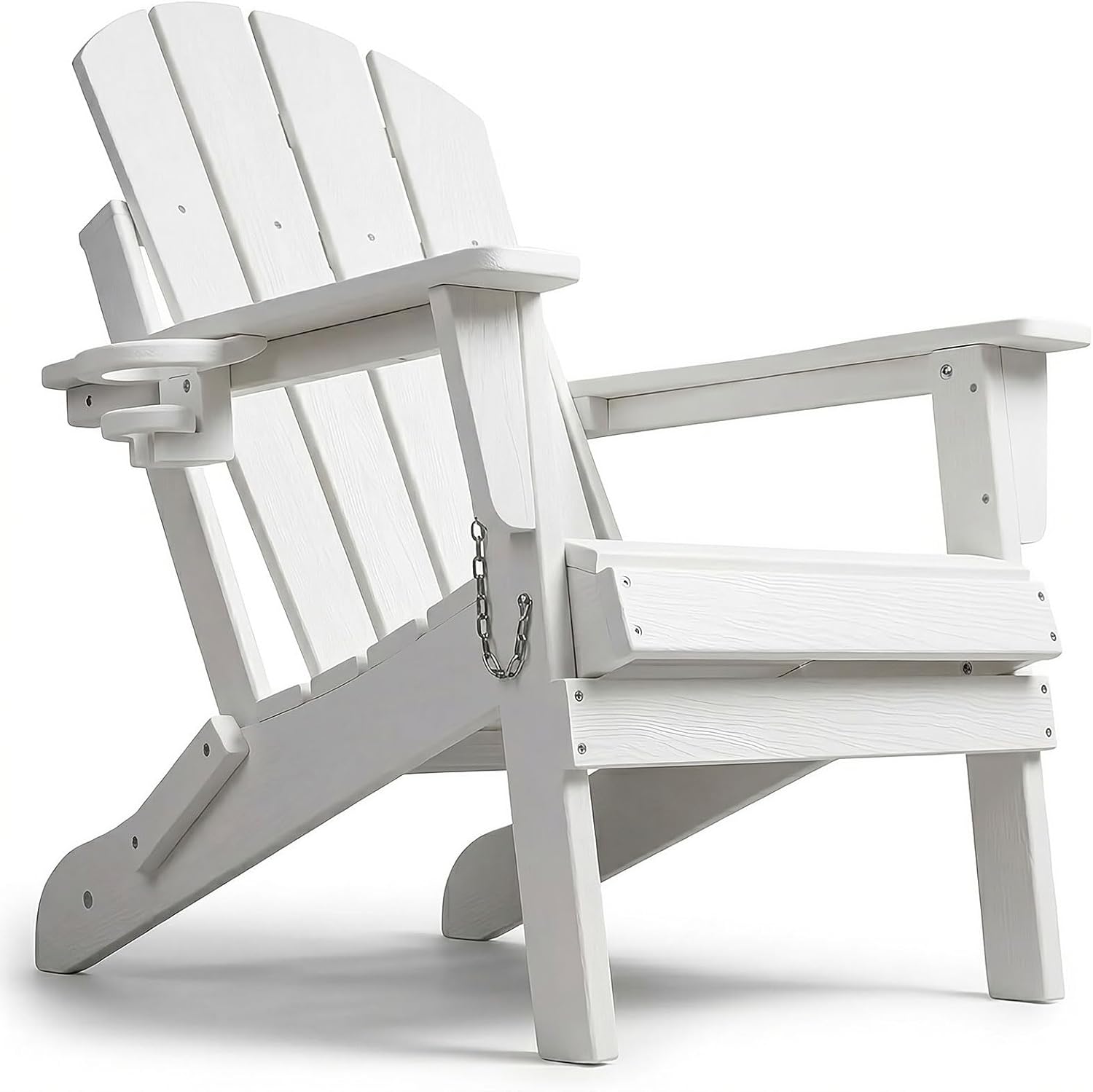 HDPE Adirondack Chair, Folding Outdoor Patio Chair with Cup Holder, Weather Resistant Wood Grain Lawn Chair for Backyard, Garden, Fire Pit, Deck, White