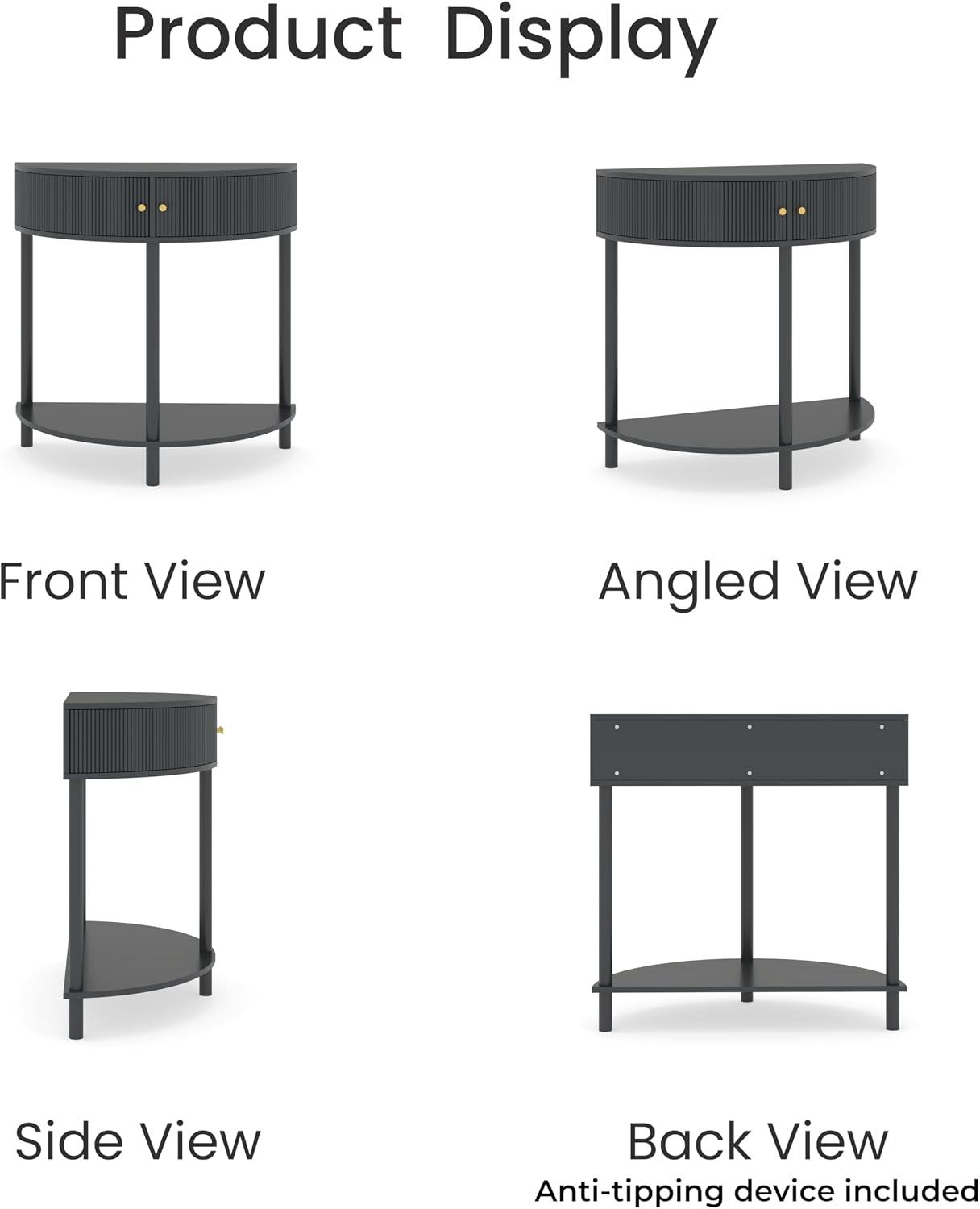 Entryway Table, Artisan-Crafted Half Moon Fluted Console Tables with 2 Rattan Storage,Small Half Circle Tables for Hallway, Narrow Round Accent Decort Table for Living Room (Dark Gray)